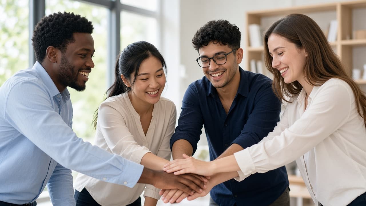 Colleagues putting their hands together